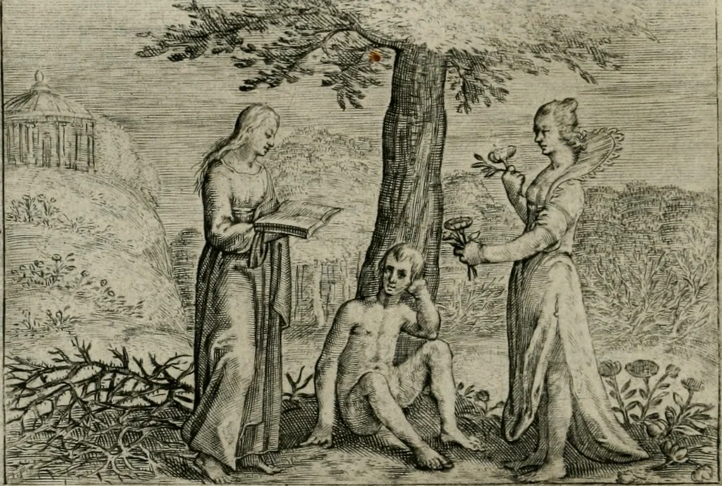 An illustration from Emblemata Florentii Schoonhovii I.C. Goudani, partim moralia partim etiam civilia : cum latiori eorundem ejusdem auctoris intepretatione : accedunt et alia quaedam poëmatia in alijs poëmatum suorum libris non contenta, 1648, leaf 125