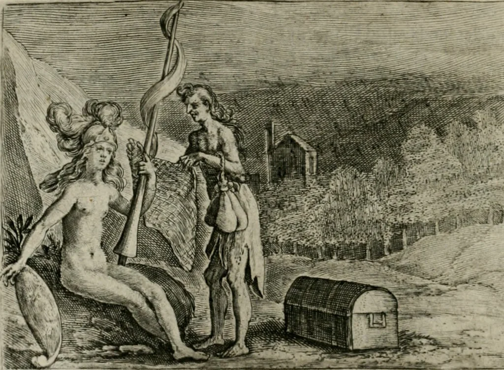 An illustration from Emblemata Florentii Schoonhovii I.C. Goudani, partim moralia partim etiam civilia : cum latiori eorundem ejusdem auctoris intepretatione : accedunt et alia quaedam poëmatia in alijs poëmatum suorum libris non contenta, 1648, leaf 129