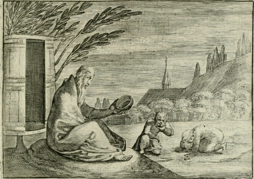 An illustration from Emblemata Florentii Schoonhovii I.C. Goudani, partim moralia partim etiam civilia : cum latiori eorundem ejusdem auctoris intepretatione : accedunt et alia quaedam poëmatia in alijs poëmatum suorum libris non contenta, 1648, leaf 142