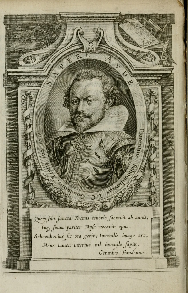 An illustration from Emblemata Florentii Schoonhovii I.C. Goudani, partim moralia partim etiam civilia : cum latiori eorundem ejusdem auctoris intepretatione : accedunt et alia quaedam poëmatia in alijs poëmatum suorum libris non contenta, 1648, leaf 17
