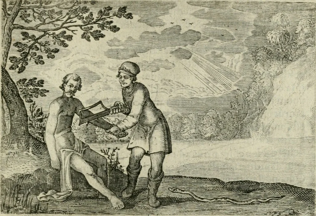 An illustration from Emblemata Florentii Schoonhovii I.C. Goudani, partim moralia partim etiam civilia : cum latiori eorundem ejusdem auctoris intepretatione : accedunt et alia quaedam poëmatia in alijs poëmatum suorum libris non contenta, 1648, leaf 214