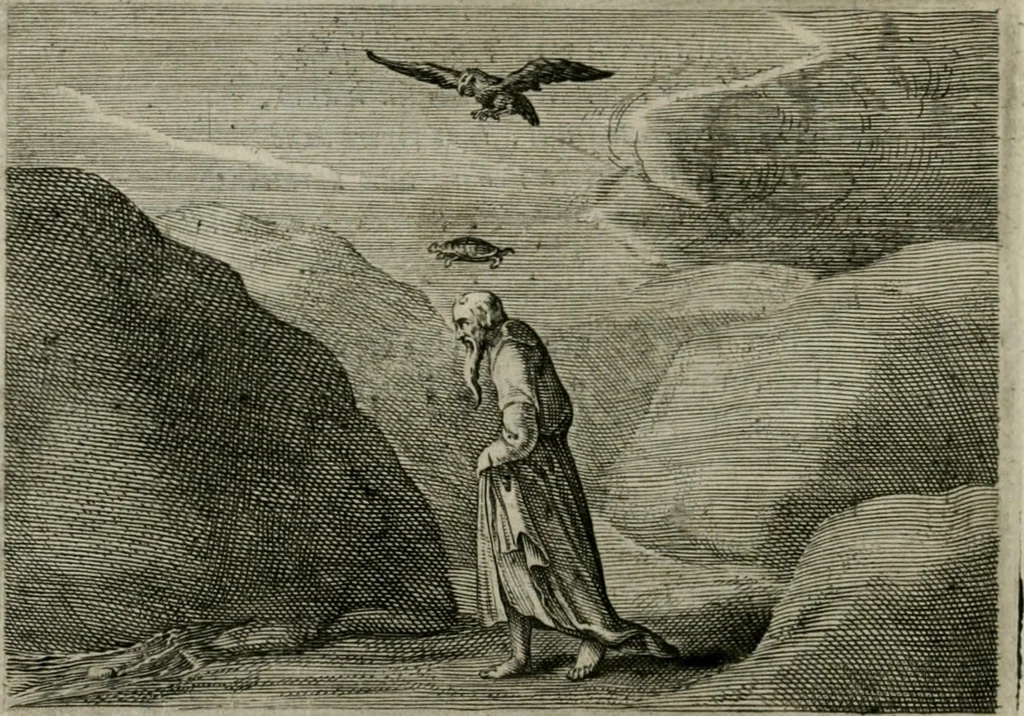 An illustration from Emblemata Florentii Schoonhovii I.C. Goudani, partim moralia partim etiam civilia : cum latiori eorundem ejusdem auctoris intepretatione : accedunt et alia quaedam poëmatia in alijs poëmatum suorum libris non contenta, 1648, leaf 45