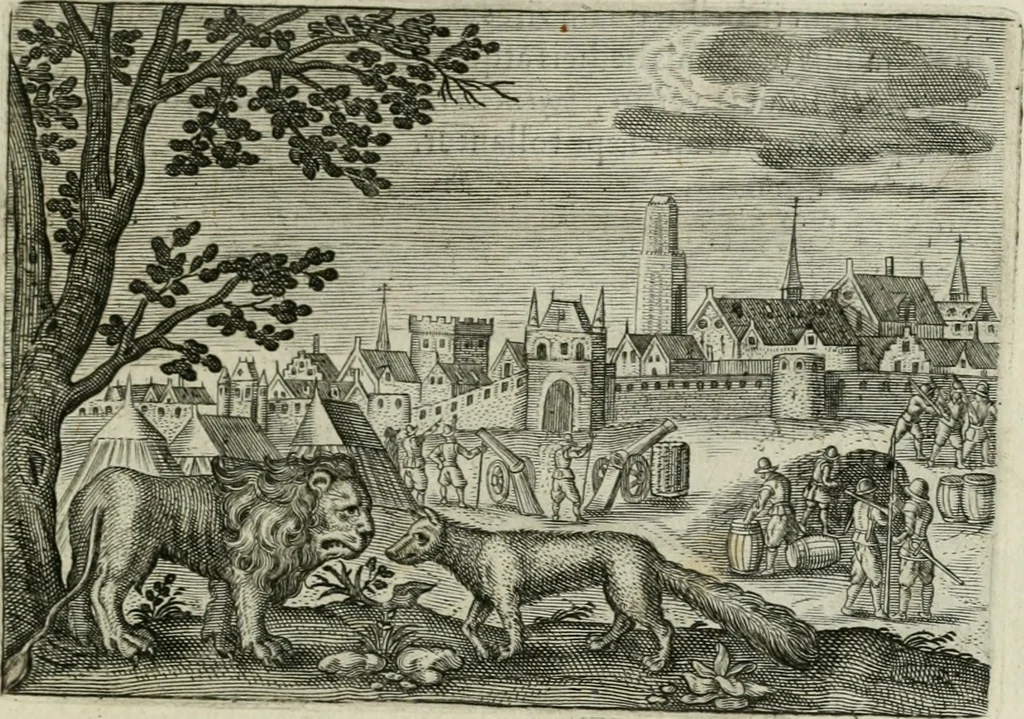 An illustration from Emblemata Florentii Schoonhovii I.C. Goudani, partim moralia partim etiam civilia : cum latiori eorundem ejusdem auctoris intepretatione : accedunt et alia quaedam poëmatia in alijs poëmatum suorum libris non contenta, 1648, leaf 64