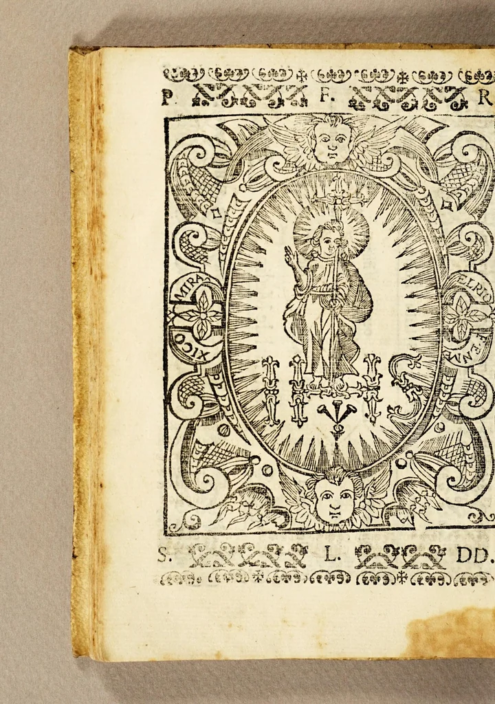 An illustration from Floresta Latina, culta en honra, y alabança de dos bellissimas plantas, y santissimas virgenes, Lucia, y Petronila. Por vnos aficionados suyos. Dedicada à D Carlos Colon Pacheco de Cordoua, y Bocanegra, Marques de Villamayor, y adelantado de la Nueua Galizia, señor de Fos, y el mayorazgo, 1623, leaf 80