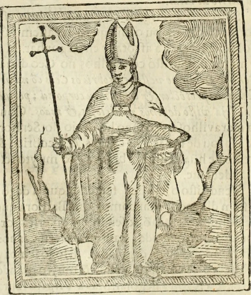 An illustration from Flos sanctorum : historia das vidas de Christo S.N. e de sua Santissima MÃ£y, vidas dos santos e suas festas repartidas pellos doze mezes : com sermoáº½s, & praticas que servem para muytas festas do anno, 1681, leaf 105