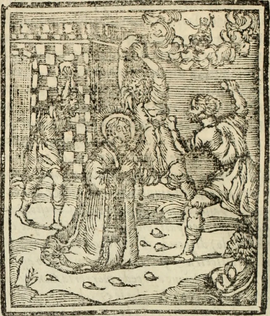 An illustration from Flos sanctorum : historia das vidas de Christo S.N. e de sua Santissima MÃ£y, vidas dos santos e suas festas repartidas pellos doze mezes : com sermoáº½s, & praticas que servem para muytas festas do anno, 1681, leaf 149