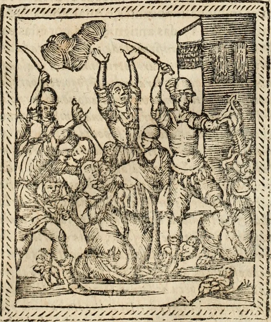 An illustration from Flos sanctorum : historia das vidas de Christo S.N. e de sua Santissima MÃ£y, vidas dos santos e suas festas repartidas pellos doze mezes : com sermoáº½s, & praticas que servem para muytas festas do anno, 1681, leaf 154