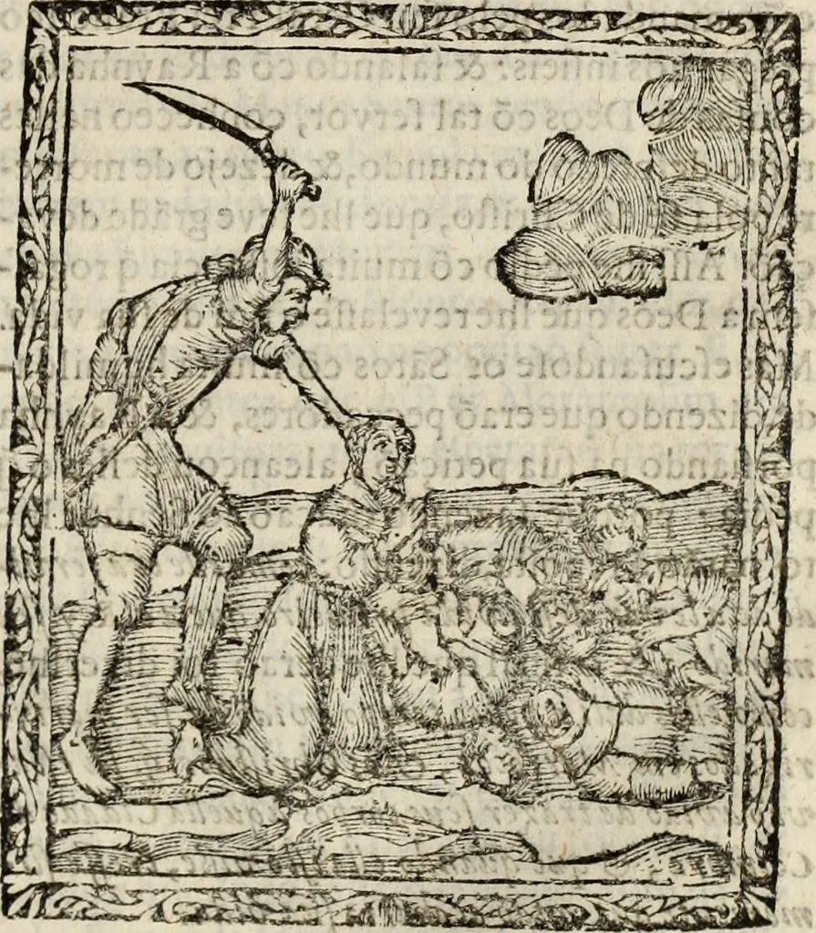 An illustration from Flos sanctorum : historia das vidas de Christo S.N. e de sua Santissima MÃ£y, vidas dos santos e suas festas repartidas pellos doze mezes : com sermoáº½s, & praticas que servem para muytas festas do anno, 1681, leaf 252