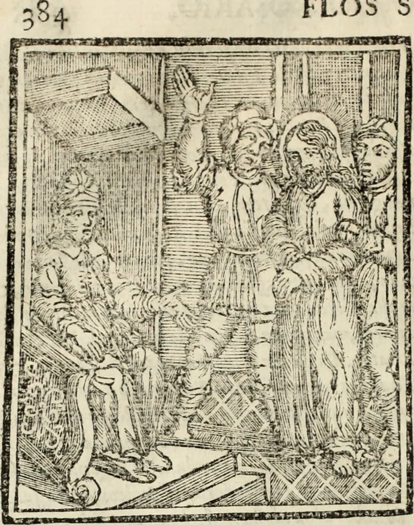 An illustration from Flos sanctorum : historia das vidas de Christo S.N. e de sua Santissima MÃ£y, vidas dos santos e suas festas repartidas pellos doze mezes : com sermoáº½s, & praticas que servem para muytas festas do anno, 1681, leaf 401