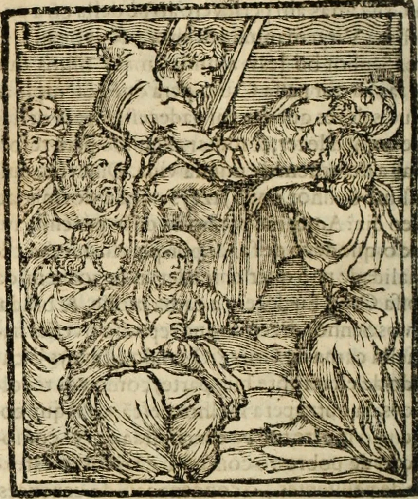 An illustration from Flos sanctorum : historia das vidas de Christo S.N. e de sua Santissima MÃ£y, vidas dos santos e suas festas repartidas pellos doze mezes : com sermoáº½s, & praticas que servem para muytas festas do anno, 1681, leaf 409