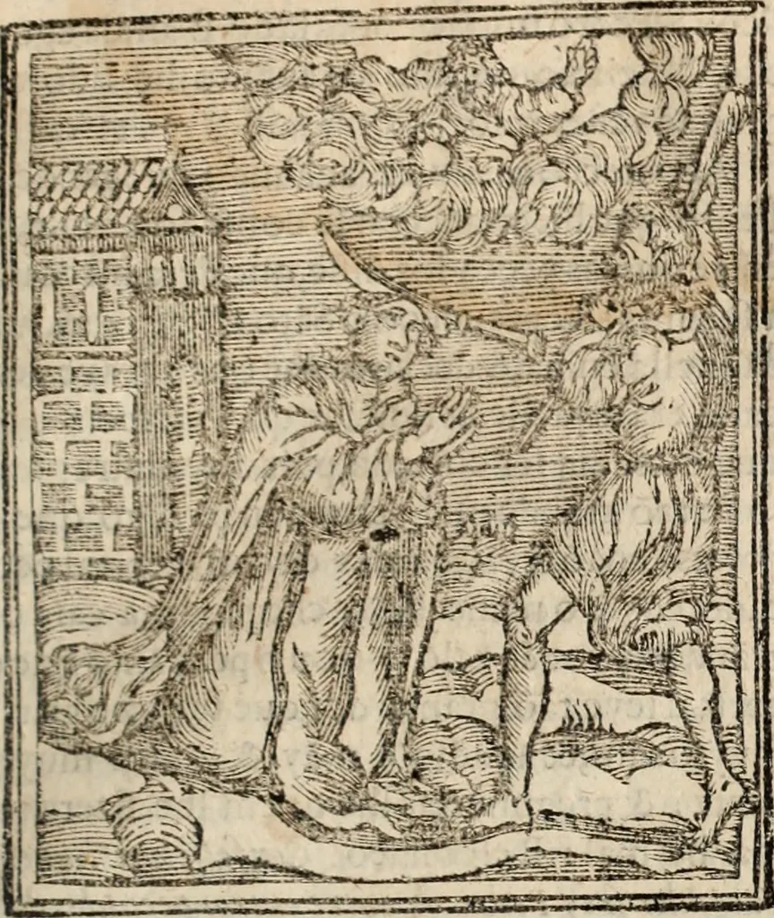 An illustration from Flos sanctorum : historia das vidas de Christo S.N. e de sua Santissima MÃ£y, vidas dos santos e suas festas repartidas pellos doze mezes : com sermoáº½s, & praticas que servem para muytas festas do anno, 1681, leaf 454