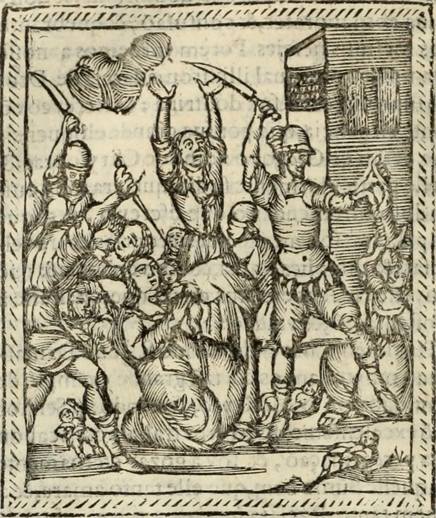 An illustration from Flos sanctorum : historia das vidas de Christo S.N. e de sua Santissima MÃ£y, vidas dos santos e suas festas repartidas pellos doze mezes : com sermoáº½s, & praticas que servem para muytas festas do anno, 1681, leaf 475