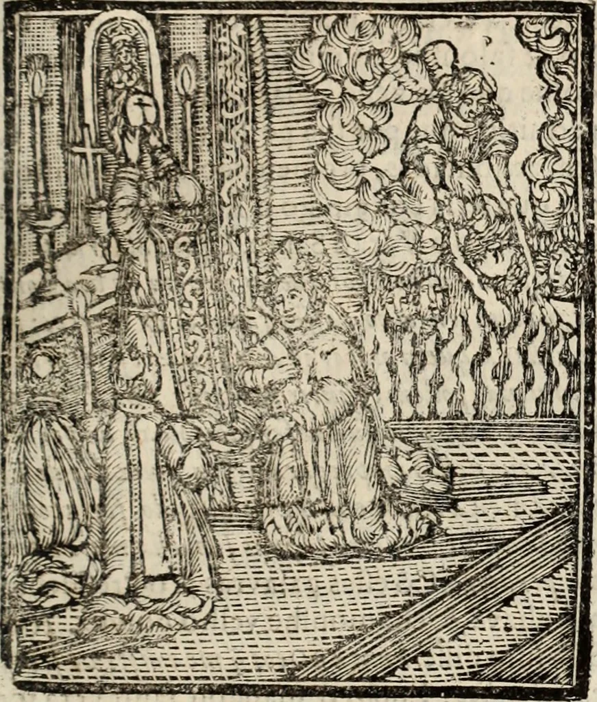 An illustration from Flos sanctorum : historia das vidas de Christo S.N. e de sua Santissima MÃ£y, vidas dos santos e suas festas repartidas pellos doze mezes : com sermoáº½s, & praticas que servem para muytas festas do anno, 1681, leaf 496