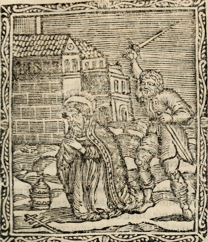 An illustration from Flos sanctorum : historia das vidas de Christo S.N. e de sua Santissima MÃ£y, vidas dos santos e suas festas repartidas pellos doze mezes : com sermoáº½s, & praticas que servem para muytas festas do anno, 1681, leaf 508