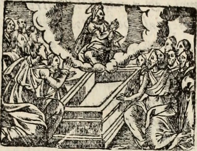An illustration from Flos sanctorum : historia das vidas de Christo S.N. e de sua Santissima MÃ£y, vidas dos santos e suas festas repartidas pellos doze mezes : com sermoáº½s, & praticas que servem para muytas festas do anno, 1681, leaf 672