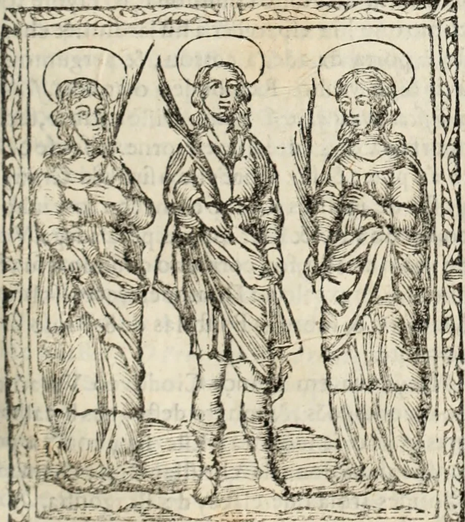 An illustration from Flos sanctorum : historia das vidas de Christo S.N. e de sua Santissima MÃ£y, vidas dos santos e suas festas repartidas pellos doze mezes : com sermoáº½s, & praticas que servem para muytas festas do anno, 1681, leaf 764