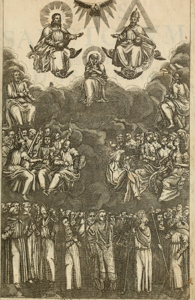 An illustration from Flos sanctorum : historia das vidas de Christo S.N. e de sua Santissima MÃ£y, vidas dos santos e suas festas repartidas pellos doze mezes : com sermoáº½s, & praticas que servem para muytas festas do anno, 1681, leaf 8