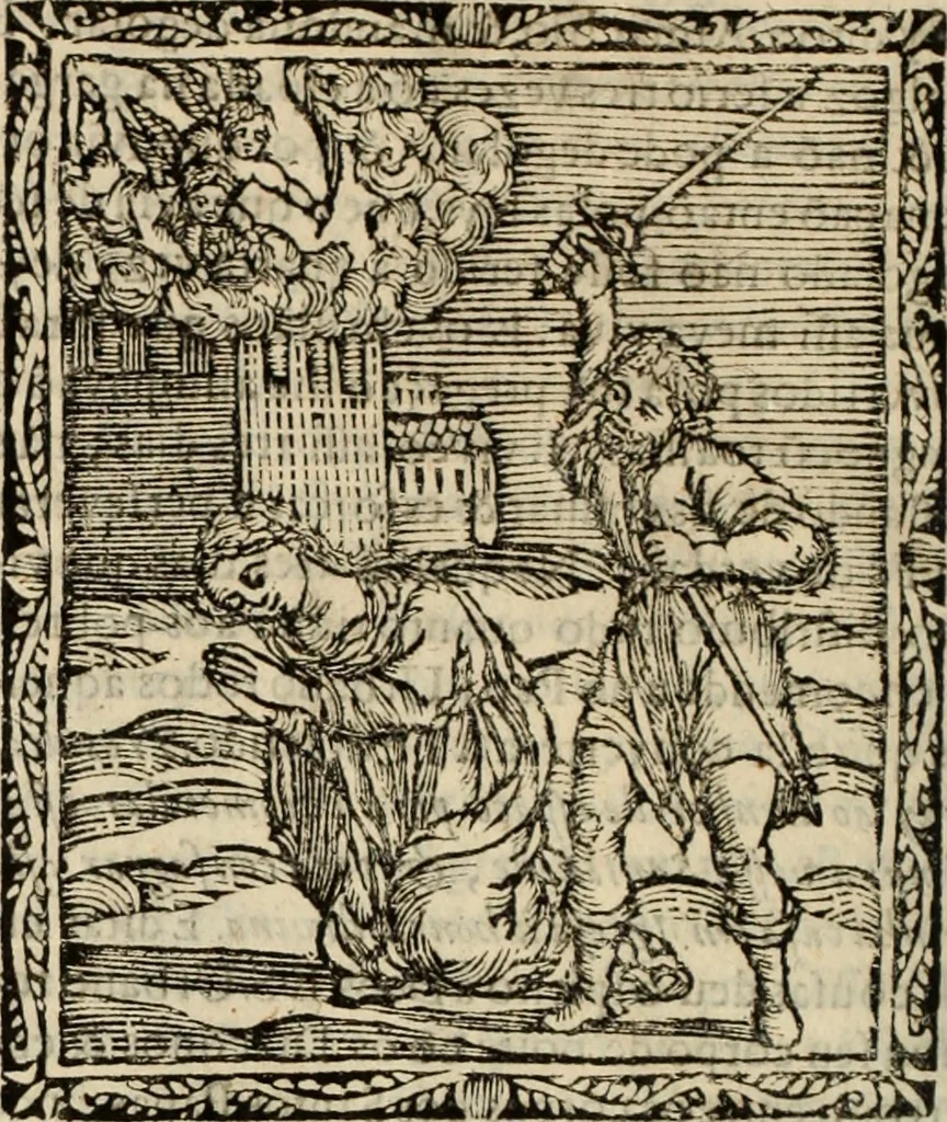 An illustration from Flos sanctorum : historia das vidas de Christo S.N. e de sua Santissima MÃ£y, vidas dos santos e suas festas repartidas pellos doze mezes : com sermoáº½s, & praticas que servem para muytas festas do anno, 1681, leaf 827