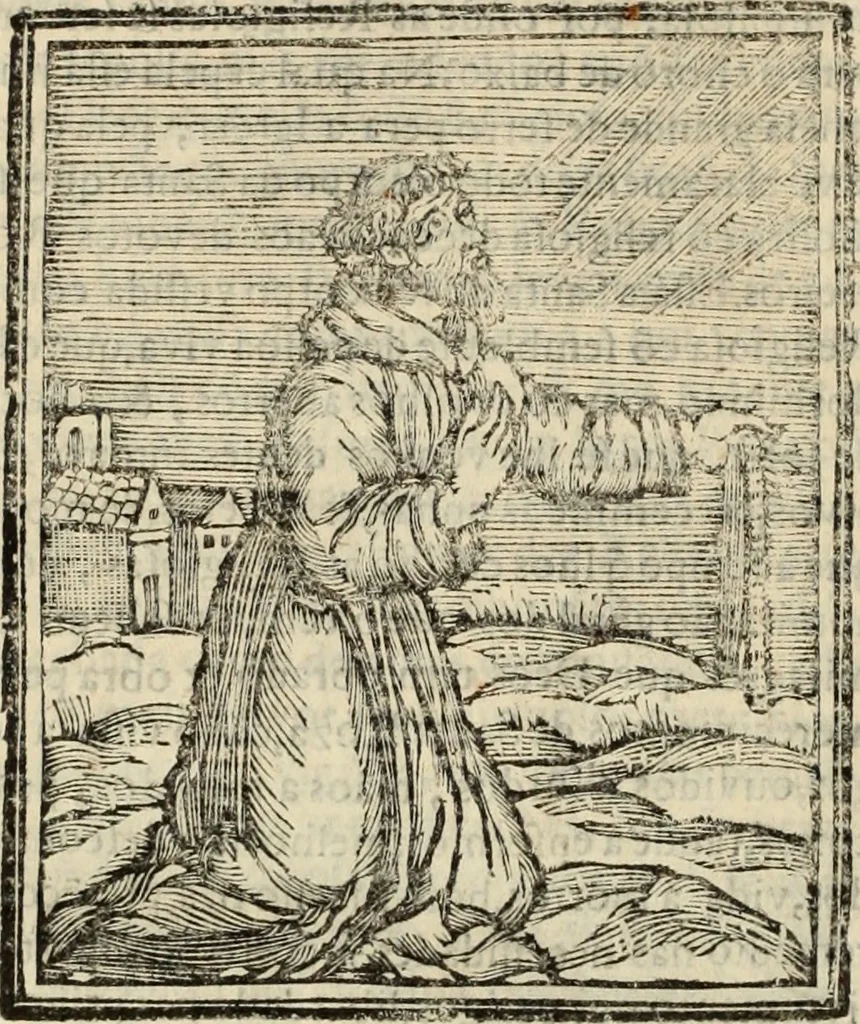 An illustration from Flos sanctorum : historia das vidas de Christo S.N. e de sua Santissima MÃ£y, vidas dos santos e suas festas repartidas pellos doze mezes : com sermoáº½s, & praticas que servem para muytas festas do anno, 1681, leaf 877