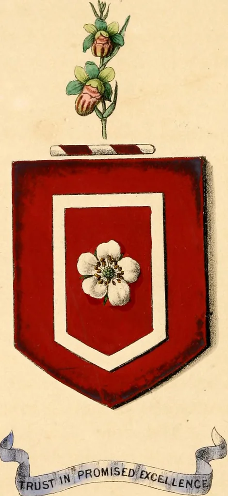 An illustration from Flowers and heraldry; or, Floral emblems and heraldic figures, combined to express pure sentiments, kind feelings, and excellent principles .., 1851, leaf 201