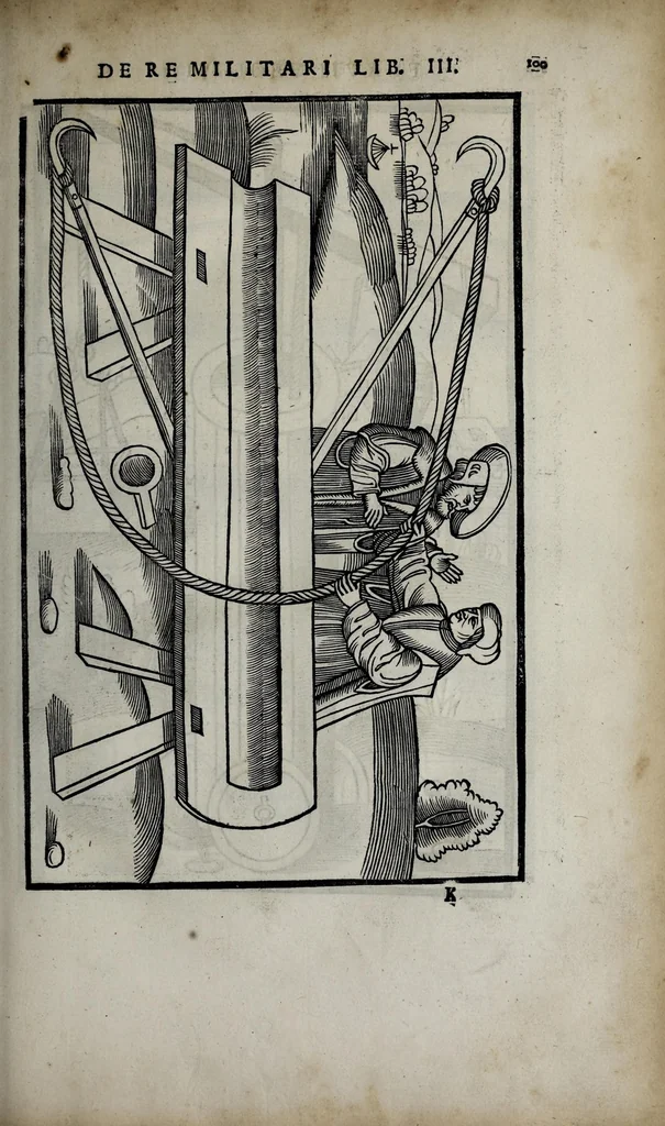 An illustration from Fl. Vegetii Renati viri illustris De re militari libri quatuor. Sexti Ivlii Frontini viri consvlaris De strategematis libri totidem. Aeliani De instruendis aciebus liber unvs. Modesti De vocabulis rei militaris liber vnus : item picturae bellicae cxx passim Vegetio adiectae, 1535, leaf 127
