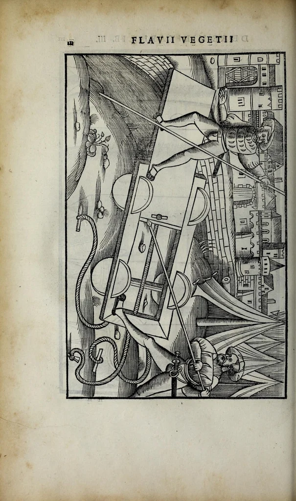 An illustration from Fl. Vegetii Renati viri illustris De re militari libri quatuor. Sexti Ivlii Frontini viri consvlaris De strategematis libri totidem. Aeliani De instruendis aciebus liber unvs. Modesti De vocabulis rei militaris liber vnus : item picturae bellicae cxx passim Vegetio adiectae, 1535, leaf 130