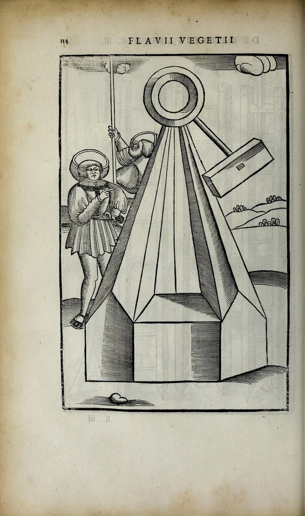 An illustration from Fl. Vegetii Renati viri illustris De re militari libri quatuor. Sexti Ivlii Frontini viri consvlaris De strategematis libri totidem. Aeliani De instruendis aciebus liber unvs. Modesti De vocabulis rei militaris liber vnus : item picturae bellicae cxx passim Vegetio adiectae, 1535, leaf 132