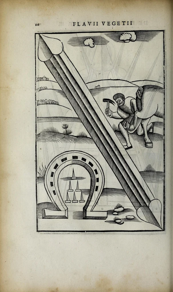 An illustration from Fl. Vegetii Renati viri illustris De re militari libri quatuor. Sexti Ivlii Frontini viri consvlaris De strategematis libri totidem. Aeliani De instruendis aciebus liber unvs. Modesti De vocabulis rei militaris liber vnus : item picturae bellicae cxx passim Vegetio adiectae, 1535, leaf 134
