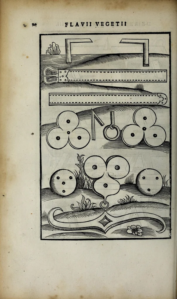 An illustration from Fl. Vegetii Renati viri illustris De re militari libri quatuor. Sexti Ivlii Frontini viri consvlaris De strategematis libri totidem. Aeliani De instruendis aciebus liber unvs. Modesti De vocabulis rei militaris liber vnus : item picturae bellicae cxx passim Vegetio adiectae, 1535, leaf 138