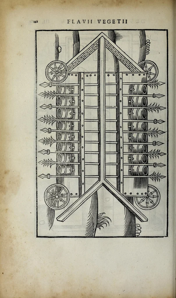An illustration from Fl. Vegetii Renati viri illustris De re militari libri quatuor. Sexti Ivlii Frontini viri consvlaris De strategematis libri totidem. Aeliani De instruendis aciebus liber unvs. Modesti De vocabulis rei militaris liber vnus : item picturae bellicae cxx passim Vegetio adiectae, 1535, leaf 140