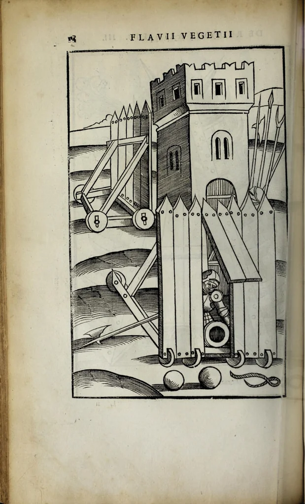 An illustration from Fl. Vegetii Renati viri illustris De re militari libri quatuor. Sexti Ivlii Frontini viri consvlaris De strategematis libri totidem. Aeliani De instruendis aciebus liber unvs. Modesti De vocabulis rei militaris liber vnus : item picturae bellicae cxx passim Vegetio adiectae, 1535, leaf 142