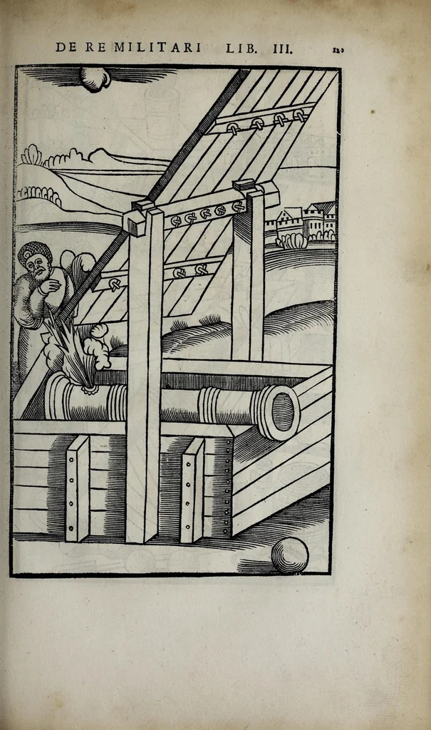 An illustration from Fl. Vegetii Renati viri illustris De re militari libri quatuor. Sexti Ivlii Frontini viri consvlaris De strategematis libri totidem. Aeliani De instruendis aciebus liber unvs. Modesti De vocabulis rei militaris liber vnus : item picturae bellicae cxx passim Vegetio adiectae, 1535, leaf 149