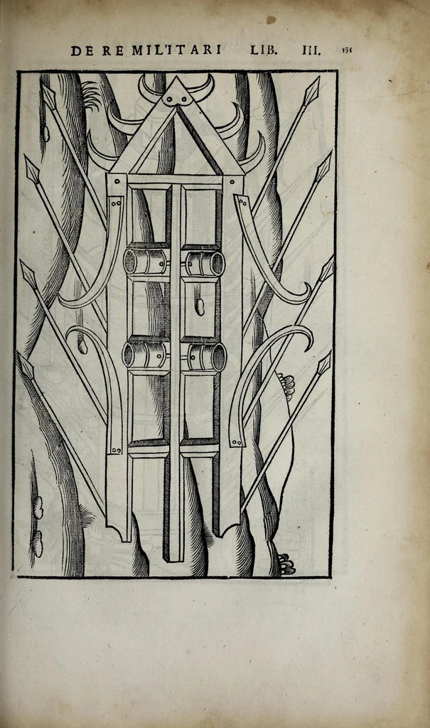 An illustration from Fl. Vegetii Renati viri illustris De re militari libri quatuor. Sexti Ivlii Frontini viri consvlaris De strategematis libri totidem. Aeliani De instruendis aciebus liber unvs. Modesti De vocabulis rei militaris liber vnus : item picturae bellicae cxx passim Vegetio adiectae, 1535, leaf 151