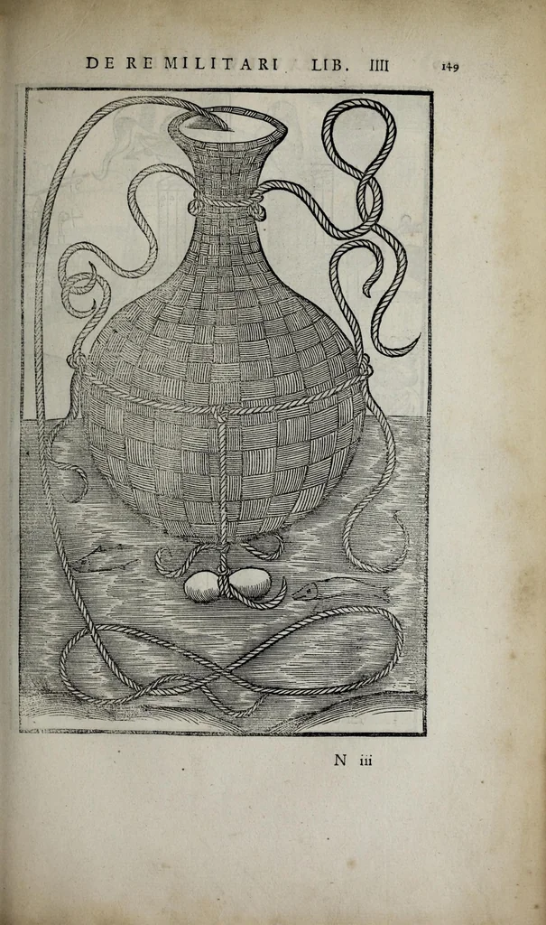 An illustration from Fl. Vegetii Renati viri illustris De re militari libri quatuor. Sexti Ivlii Frontini viri consvlaris De strategematis libri totidem. Aeliani De instruendis aciebus liber unvs. Modesti De vocabulis rei militaris liber vnus : item picturae bellicae cxx passim Vegetio adiectae, 1535, leaf 169