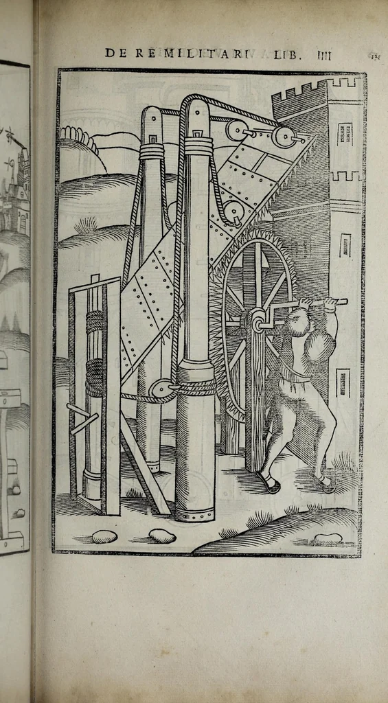 An illustration from Fl. Vegetii Renati viri illustris De re militari libri quatuor. Sexti Ivlii Frontini viri consvlaris De strategematis libri totidem. Aeliani De instruendis aciebus liber unvs. Modesti De vocabulis rei militaris liber vnus : item picturae bellicae cxx passim Vegetio adiectae, 1535, leaf 171