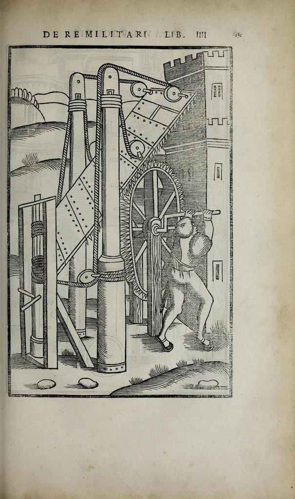 An illustration from Fl. Vegetii Renati viri illustris De re militari libri quatuor. Sexti Ivlii Frontini viri consvlaris De strategematis libri totidem. Aeliani De instruendis aciebus liber unvs. Modesti De vocabulis rei militaris liber vnus : item picturae bellicae cxx passim Vegetio adiectae, 1535, leaf 173