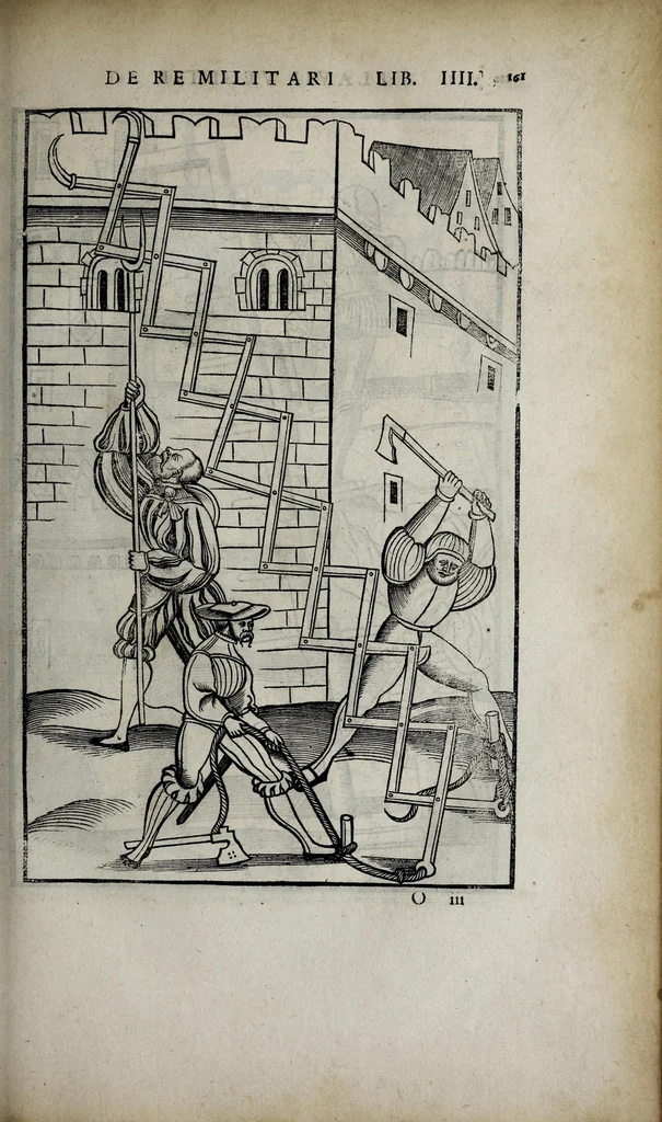 An illustration from Fl. Vegetii Renati viri illustris De re militari libri quatuor. Sexti Ivlii Frontini viri consvlaris De strategematis libri totidem. Aeliani De instruendis aciebus liber unvs. Modesti De vocabulis rei militaris liber vnus : item picturae bellicae cxx passim Vegetio adiectae, 1535, leaf 185
