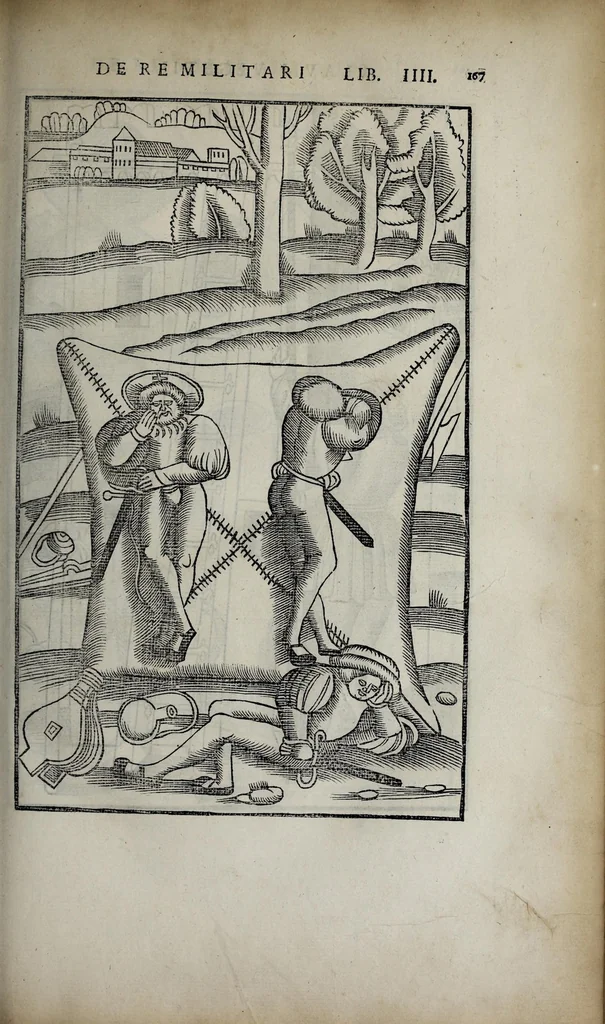 An illustration from Fl. Vegetii Renati viri illustris De re militari libri quatuor. Sexti Ivlii Frontini viri consvlaris De strategematis libri totidem. Aeliani De instruendis aciebus liber unvs. Modesti De vocabulis rei militaris liber vnus : item picturae bellicae cxx passim Vegetio adiectae, 1535, leaf 191
