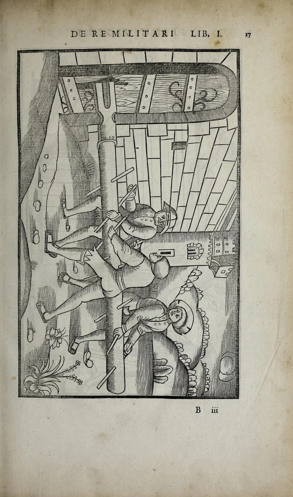 An illustration from Fl. Vegetii Renati viri illustris De re militari libri quatuor. Sexti Ivlii Frontini viri consvlaris De strategematis libri totidem. Aeliani De instruendis aciebus liber unvs. Modesti De vocabulis rei militaris liber vnus : item picturae bellicae cxx passim Vegetio adiectae, 1535, leaf 31