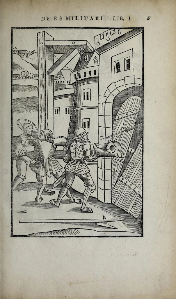 An illustration from Fl. Vegetii Renati viri illustris De re militari libri quatuor. Sexti Ivlii Frontini viri consvlaris De strategematis libri totidem. Aeliani De instruendis aciebus liber unvs. Modesti De vocabulis rei militaris liber vnus : item picturae bellicae cxx passim Vegetio adiectae, 1535, leaf 33