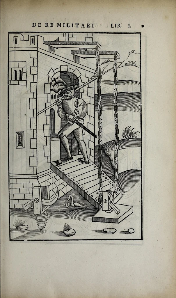 An illustration from Fl. Vegetii Renati viri illustris De re militari libri quatuor. Sexti Ivlii Frontini viri consvlaris De strategematis libri totidem. Aeliani De instruendis aciebus liber unvs. Modesti De vocabulis rei militaris liber vnus : item picturae bellicae cxx passim Vegetio adiectae, 1535, leaf 45