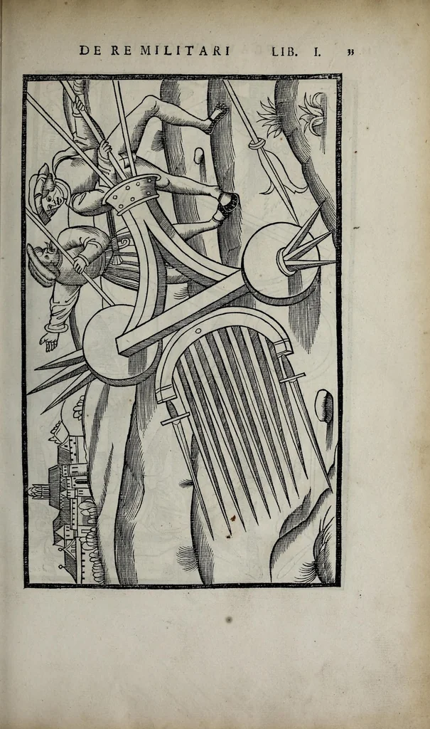 An illustration from Fl. Vegetii Renati viri illustris De re militari libri quatuor. Sexti Ivlii Frontini viri consvlaris De strategematis libri totidem. Aeliani De instruendis aciebus liber unvs. Modesti De vocabulis rei militaris liber vnus : item picturae bellicae cxx passim Vegetio adiectae, 1535, leaf 47