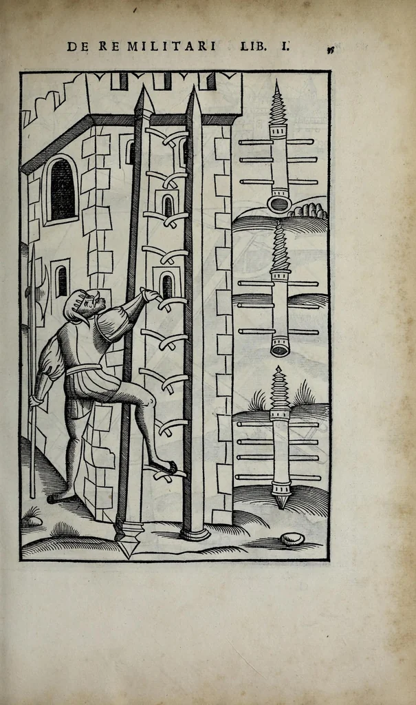 An illustration from Fl. Vegetii Renati viri illustris De re militari libri quatuor. Sexti Ivlii Frontini viri consvlaris De strategematis libri totidem. Aeliani De instruendis aciebus liber unvs. Modesti De vocabulis rei militaris liber vnus : item picturae bellicae cxx passim Vegetio adiectae, 1535, leaf 49