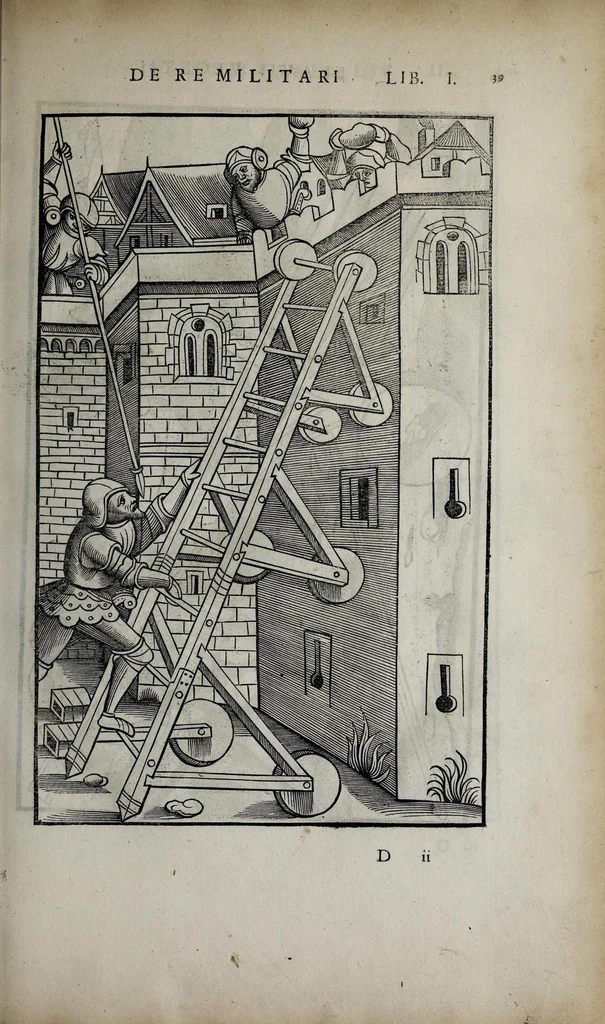 An illustration from Fl. Vegetii Renati viri illustris De re militari libri quatuor. Sexti Ivlii Frontini viri consvlaris De strategematis libri totidem. Aeliani De instruendis aciebus liber unvs. Modesti De vocabulis rei militaris liber vnus : item picturae bellicae cxx passim Vegetio adiectae, 1535, leaf 55
