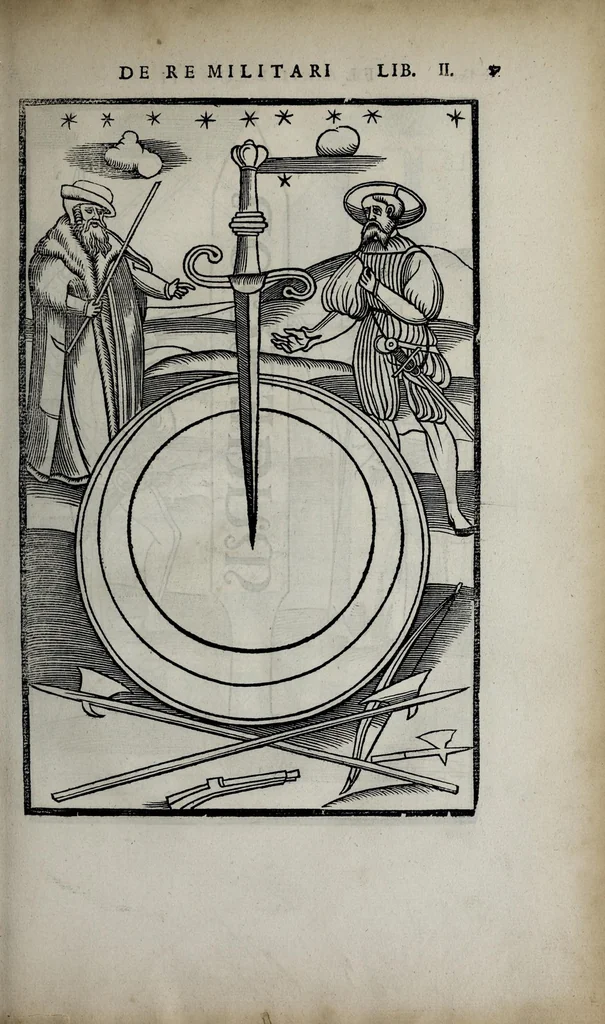 An illustration from Fl. Vegetii Renati viri illustris De re militari libri quatuor. Sexti Ivlii Frontini viri consvlaris De strategematis libri totidem. Aeliani De instruendis aciebus liber unvs. Modesti De vocabulis rei militaris liber vnus : item picturae bellicae cxx passim Vegetio adiectae, 1535, leaf 73