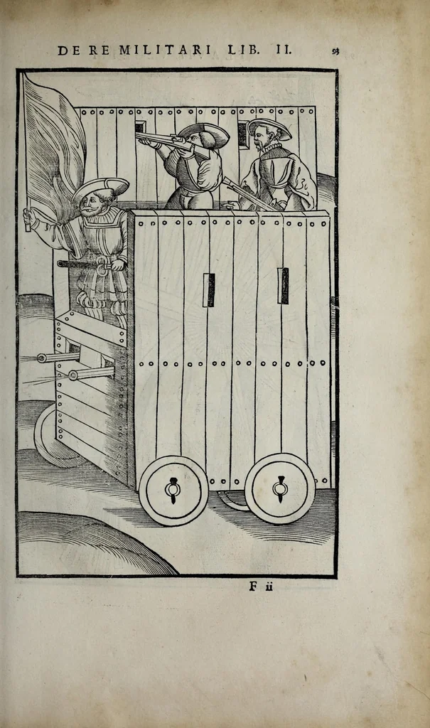 An illustration from Fl. Vegetii Renati viri illustris De re militari libri quatuor. Sexti Ivlii Frontini viri consvlaris De strategematis libri totidem. Aeliani De instruendis aciebus liber unvs. Modesti De vocabulis rei militaris liber vnus : item picturae bellicae cxx passim Vegetio adiectae, 1535, leaf 79