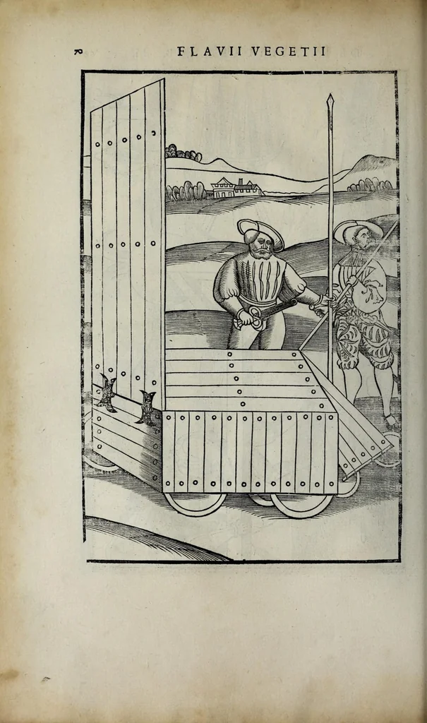 An illustration from Fl. Vegetii Renati viri illustris De re militari libri quatuor. Sexti Ivlii Frontini viri consvlaris De strategematis libri totidem. Aeliani De instruendis aciebus liber unvs. Modesti De vocabulis rei militaris liber vnus : item picturae bellicae cxx passim Vegetio adiectae, 1535, leaf 86