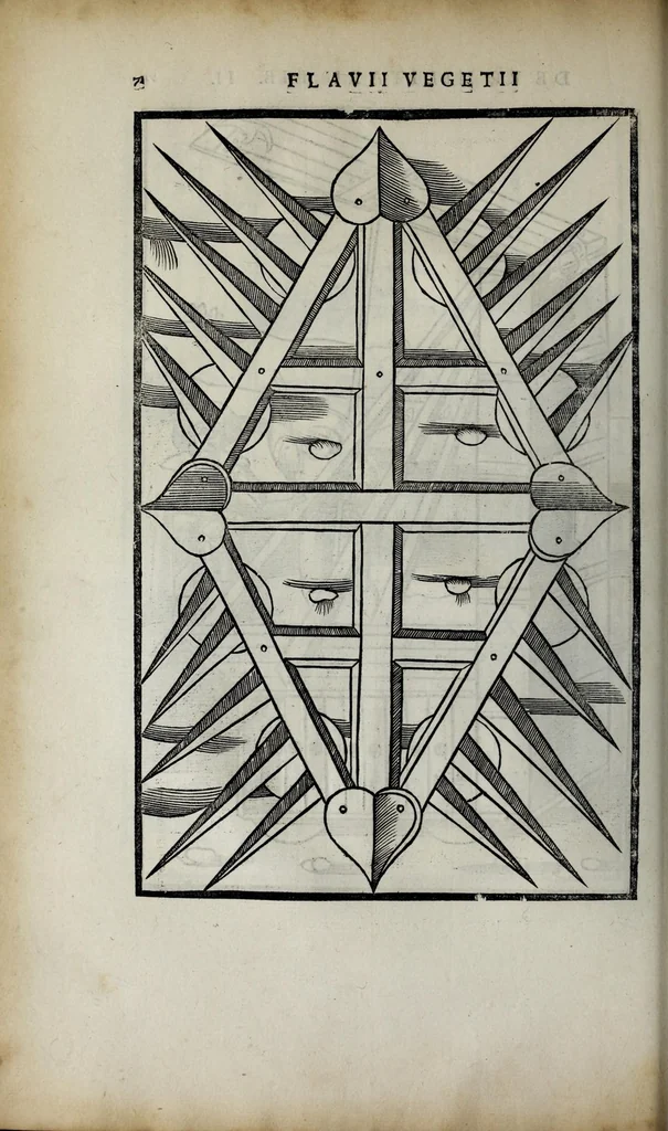 An illustration from Fl. Vegetii Renati viri illustris De re militari libri quatuor. Sexti Ivlii Frontini viri consvlaris De strategematis libri totidem. Aeliani De instruendis aciebus liber unvs. Modesti De vocabulis rei militaris liber vnus : item picturae bellicae cxx passim Vegetio adiectae, 1535, leaf 88