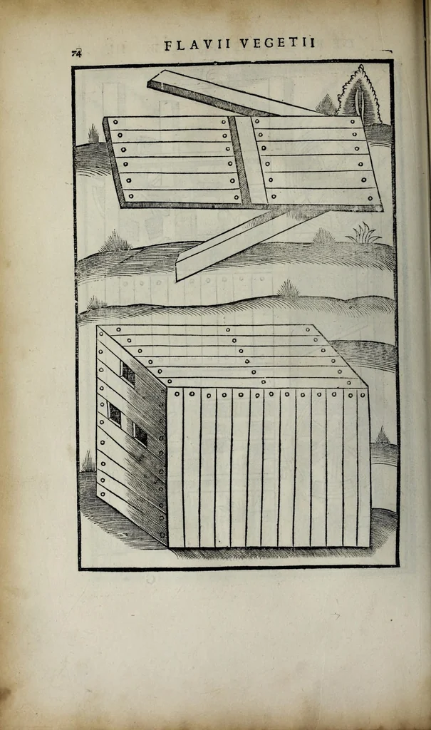 An illustration from Fl. Vegetii Renati viri illustris De re militari libri quatuor. Sexti Ivlii Frontini viri consvlaris De strategematis libri totidem. Aeliani De instruendis aciebus liber unvs. Modesti De vocabulis rei militaris liber vnus : item picturae bellicae cxx passim Vegetio adiectae, 1535, leaf 90