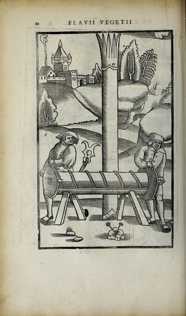 An illustration from Fl. Vegetii Renati viri illustris De re militari libri quatuor. Sexti Ivlii Frontini viri consvlaris De strategematis libri totidem. Aeliani De instruendis aciebus liber unvs. Modesti De vocabulis rei militaris liber vnus : item picturae bellicae cxx passim Vegetio adiectae, 1535, leaf 92